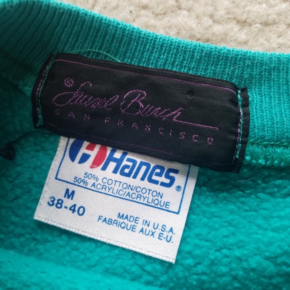 Vintage 90s Hanes Teal Crewneck Art Sweater Medium - Picture 3 of 7